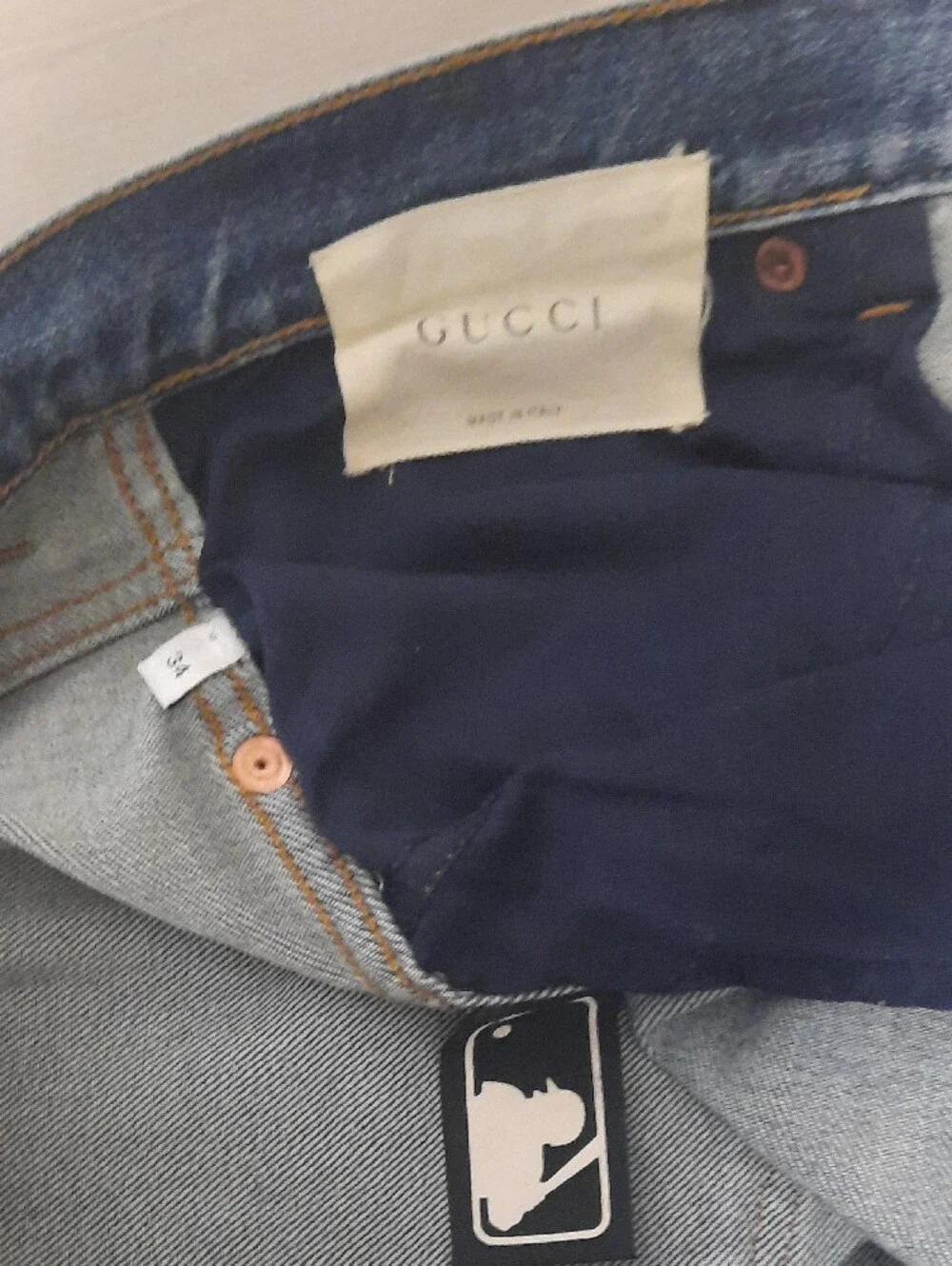 Gucci Men's Blue Slim Straight Jeans with Navy Logo Patch